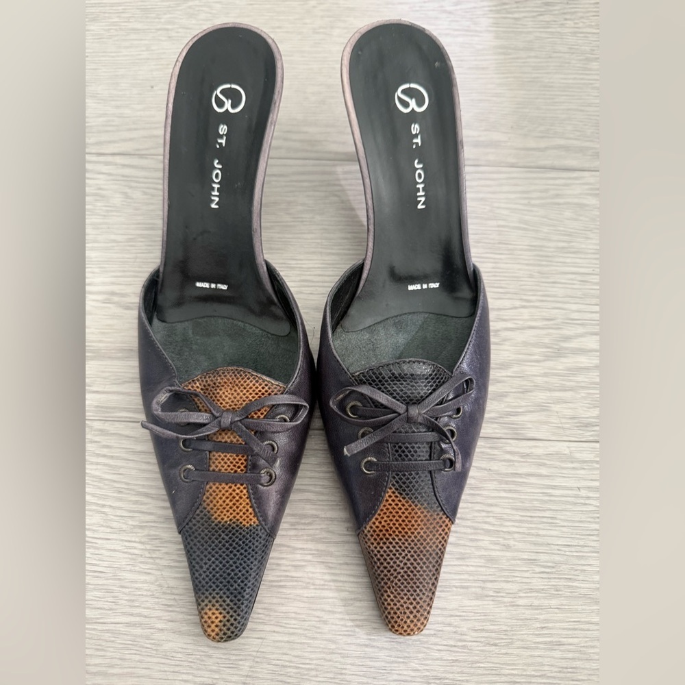 St. John Two-Tone Pointed Toe Lace-Up Mules in Black and Brown